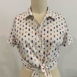 Frame bug printed button down tie front blouse